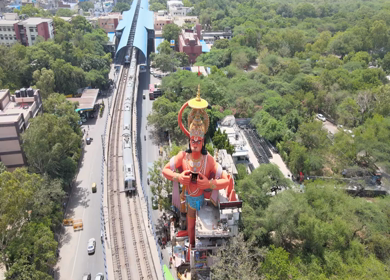 An Aerial Shot of Hanuman statue and Delhi Metro at Jhandewalah, New Delhi,India