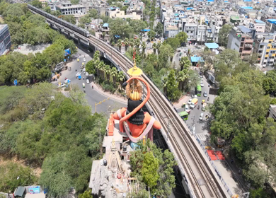 An Aerial Shot of Hanuman statue and Delhi Metro at Jhandewalah, New Delhi,India