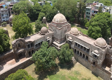 An Aerial Shot of Hauz Khas Fort and Lake at New Delhi,India 