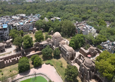 An Aerial Shot of Hauz Khas Fort and Lake at New Delhi,India 