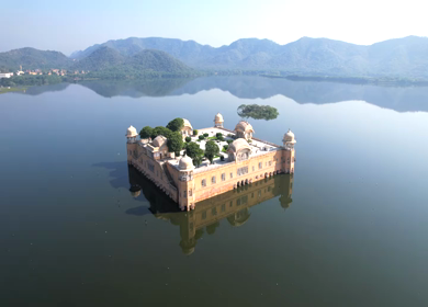 An Aerial Shot of Jal Mahal at Jaipur in Rajasthan,India