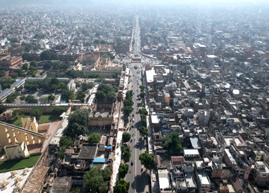 An Aerial Shot of Bapu Bazar and Jantar Mantar road at Jaipur, Rajashthan,India