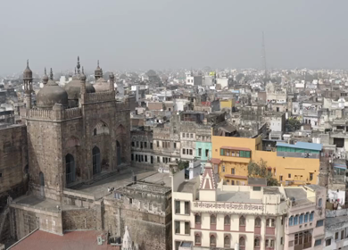 An Aerial shot of Masjid at Ganga River at Varansi,Banaras, Uttar Pradesh,India