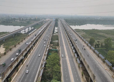 An aerial drone shot of the National Highway 24 in NCR, India