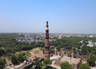 An Aerial Shot of Qutub Minar at Mehrauli,New Delhi,India