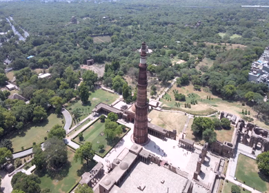An Aerial Shot of Qutub Minar at Mehrauli,New Delhi,India