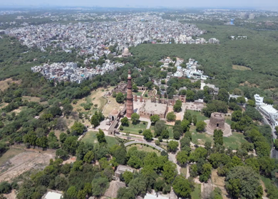 An Aerial Shot of Qutub Minar at Mehrauli,New Delhi,India