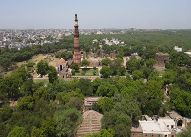 An Aerial Shot of Qutub Minar at Mehrauli,New Delhi,India