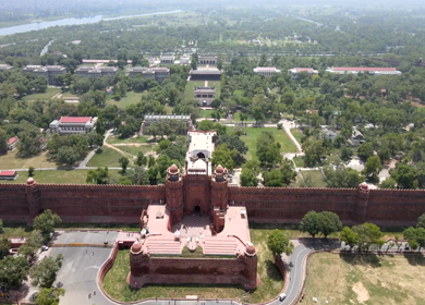 An aerial shot of the Red Fort, Lal Qila and Chandni Chowk in New Delhi, India