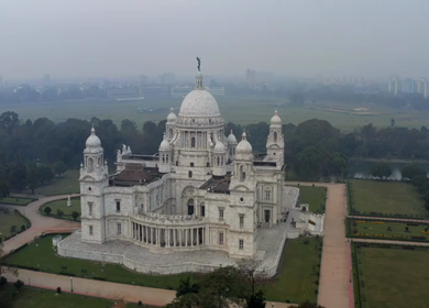 An Aerial shot of Victoria Memorial at Maidan, Kolkata, West Bengal, India 