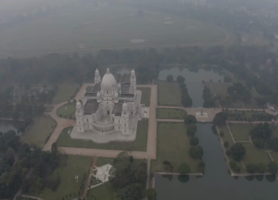 An Aerial shot of Victoria Memorial at Maidan, Kolkata, West Bengal, India 