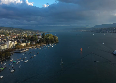 Aerial Shot of White Sailing Boats in Lake Zurich at Switzerland