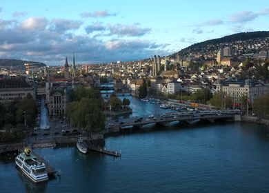Aerial shot of the Zurich old town on a sunny day in Switzerland