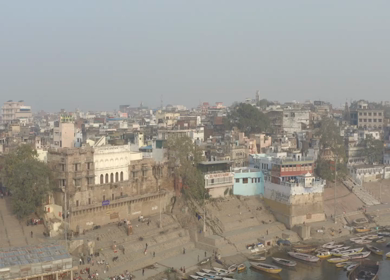 An Aerial shot of Man Mandir Ghat at Ganga River Varansi,Banaras, Uttar Pradesh,India