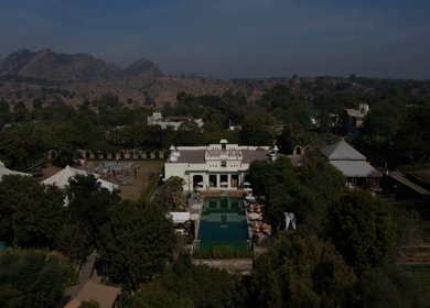 An Aerial shot of an Indian Wedding Venue Decoration in India