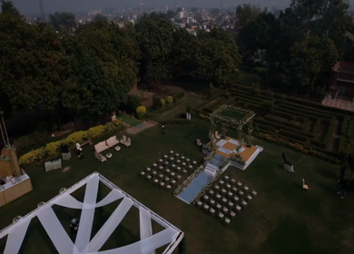An Aerial shot of an Indian Wedding Venue Decoration in India