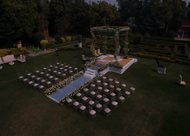 An Aerial shot of an Indian Wedding Venue Decoration in India