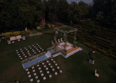 An Aerial shot of an Indian Wedding Venue Decoration in India
