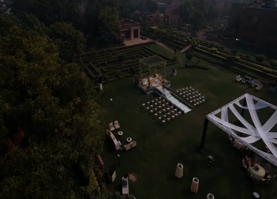 An Aerial shot of an Indian Wedding Venue Decoration in India