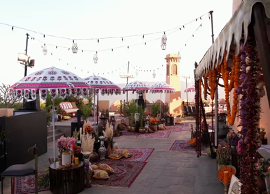 An Aerial shot of an Indian Wedding Venue Decoration in India