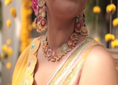A Slow motion Shot of an Indian Bride showing her Bridal Jewellery at her Indian Wedding in India