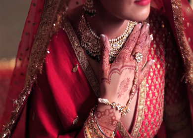 A Slow Motion Shot of an Indian Bride showing her Bridal Jewellery at her Indian Wedding in India