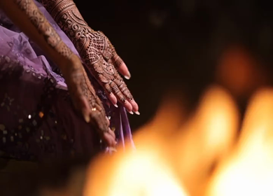 A Shot of Indian Bride showing Mehndi in her Hands at her Indian Wedding in New Delhi, India