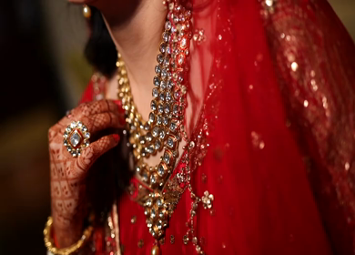 A Shot of an Indian Bride showing her Bridal Jewellery at her Indian Wedding in New Delhi,India