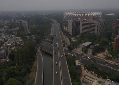 An aerial shot of the elevated delhi flyoverin New Delhi, India