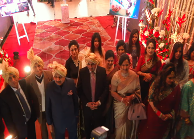New Delhi,NCR,India-9th February,2019: Aerial View shot of Big Fat Indian Wedding baraat dancing before entering the wedding destination in New Delhi,India