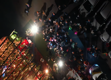 New Delhi,NCR,India-9th February,2019: Aerial View shot of Big Fat Indian Wedding baraat dancing before entering the wedding destination in New Delhi,India