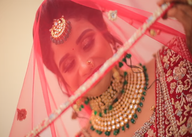 Shot of beautiful Indian Bride posing and looking in the camera for her wedding shoot in New Delhi, India