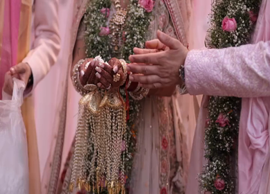 Shot of an Indian Bride and Indian Groom doing Puja,traditions at their Indian wedding in New Delhi, India