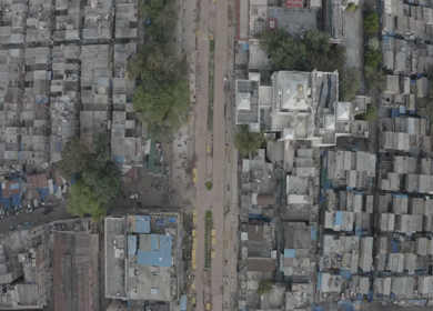 An aerial shot of the road from Chandni Chowk to Red Fort