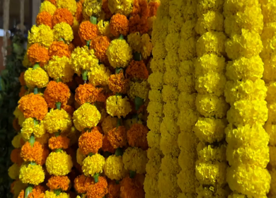 A Slow Motion shot of Colorful Flower Garlands Hanging at Market Shop in Delhi India
