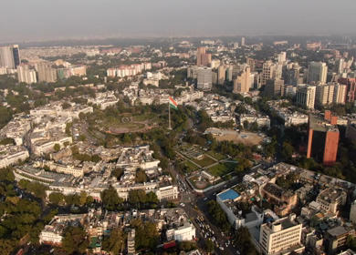An aerial shot of the street at Connaught Place in New Delhi, India