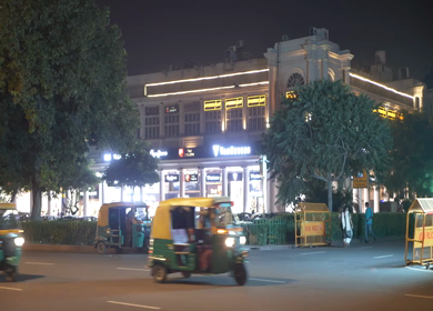 An aerial shot of the busy street at Connaught Place in New Delhi, India