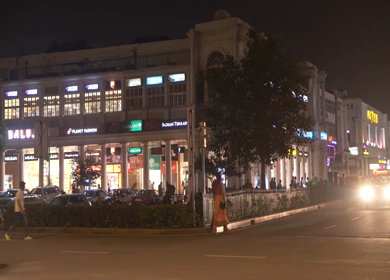 An aerial shot of the busy street at Connaught Place in New Delhi, India