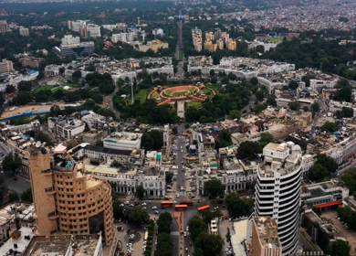 A Hyperlapse Aerial shot of traffic and Connaught Place in New Delhi, India