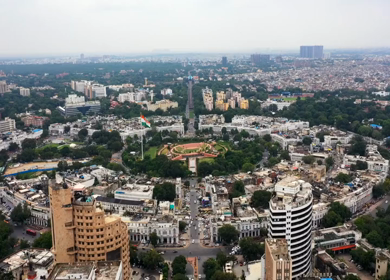 A Hyperlapse Aerial shot of traffic and Connaught Place in New Delhi, India