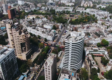 An aerial shot of the busy street at Connaught Place in New Delhi, India