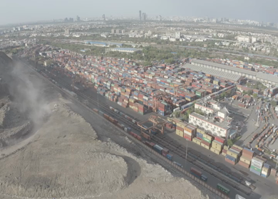 An aerial shot of storage containers during Covid-19 Lockdown in New Delhi
