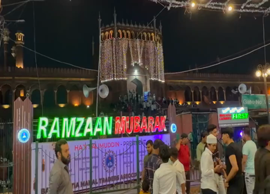 18th march 2026 : Crowd at Jama Masjid Market During Ramadan Night with festive lights decoration in Delhi India