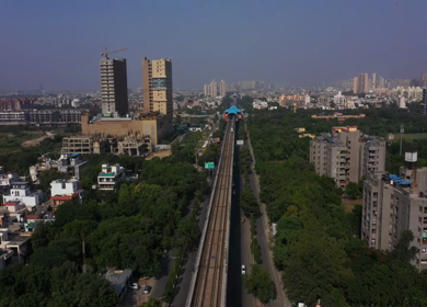 29th September 2020: An aerial shot of the Delhi Metro leaving the station in Noida,NCR,India