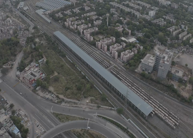 An aerial shot of Delhi Metros parked at their yard during COVID-19 lockdown