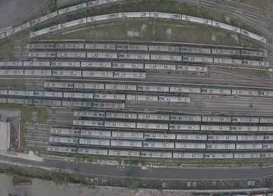 An aerial shot of Delhi Metros parked at their yard during COVID-19 lockdown