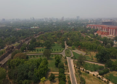 An aerial shot of the Delhi Old fort or Purana Qila during the COVID-19 