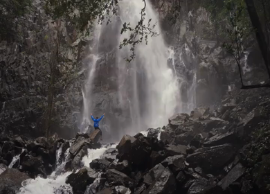 Drone shot of a person tourist Near Waterfall in Karnataka India