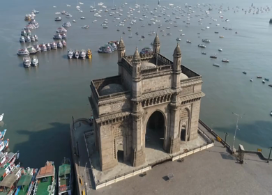 Aerial shot of the Gateway of India in Mumbai during Covid-19 Lockdown in India 