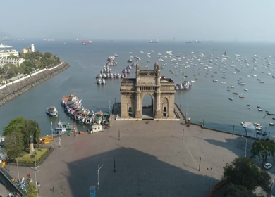 Aerial shot of the Gateway of India in Mumbai during Covid-19 Lockdown in India 